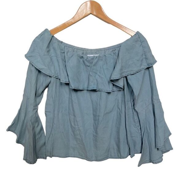 Chloe Rose Bell Sleeve Off the Shoulder Chambray Top Ruffle Tencel size S - Picture 1 of 7